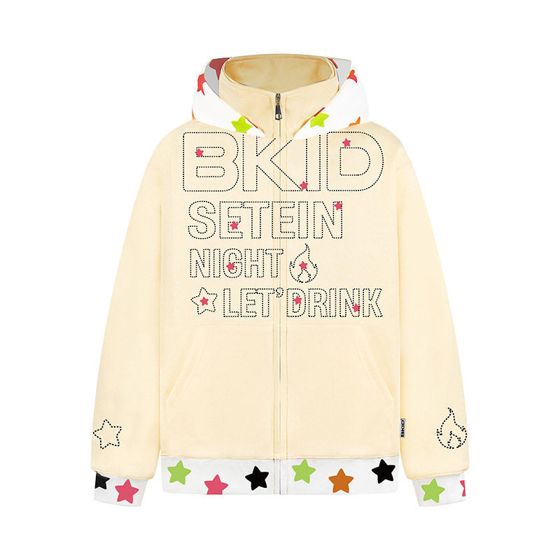 Patchwork Hooded Zip-Up Sweatshirt Loose Casual Outerwear Top